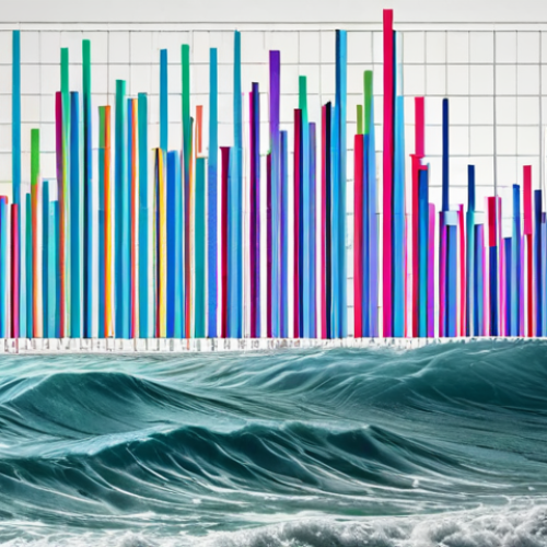 **A vibrant visualization of time series data being broken down into its core components: trend (a smooth, upward-sloping line), seasonality (repeating patterns like waves), and residual (scattered noise). Use bright colors and a modern, data-driven aesthetic.**