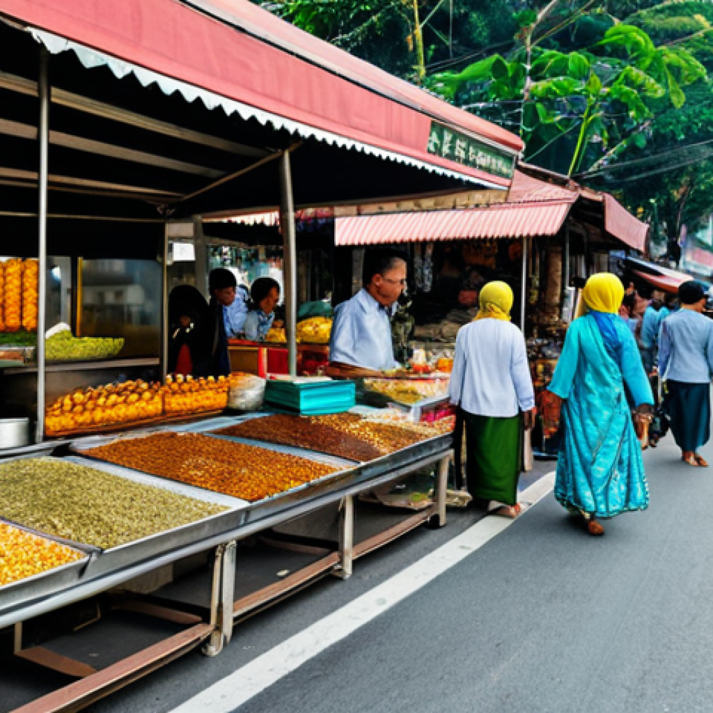 Bustling Kuala Lumpur Street Scene**

"A vibrant street scene in Kuala Lumpur, Malaysia during the day. Focus on the colorful architecture, people in modest and stylish Malaysian clothing (baju kurung, baju kebaya, batik shirts), street food vendors with their stalls. Ensure the scene feels lively and authentic. Safe for work, appropriate content, fully clothed, professional photography, perfect anatomy, natural proportions, high quality."

**