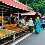 Bustling Kuala Lumpur Street Scene**

"A vibrant street scene in Kuala Lumpur, Malaysia during the day. Focus on the colorful architecture, people in modest and stylish Malaysian clothing (baju kurung, baju kebaya, batik shirts), street food vendors with their stalls. Ensure the scene feels lively and authentic. Safe for work, appropriate content, fully clothed, professional photography, perfect anatomy, natural proportions, high quality."

**