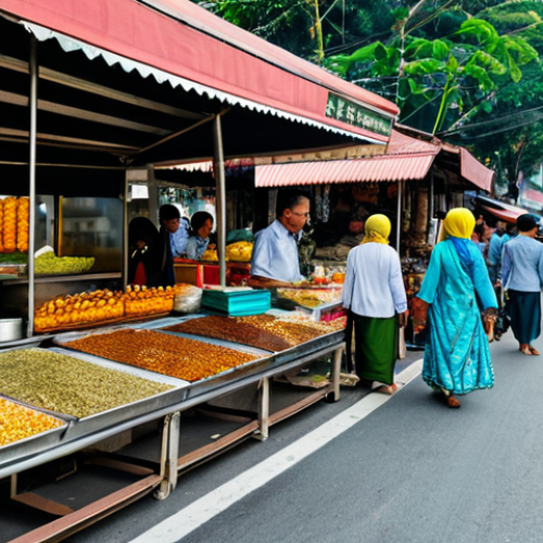 Bustling Kuala Lumpur Street Scene**

"A vibrant street scene in Kuala Lumpur, Malaysia during the day. Focus on the colorful architecture, people in modest and stylish Malaysian clothing (baju kurung, baju kebaya, batik shirts), street food vendors with their stalls. Ensure the scene feels lively and authentic. Safe for work, appropriate content, fully clothed, professional photography, perfect anatomy, natural proportions, high quality."

**