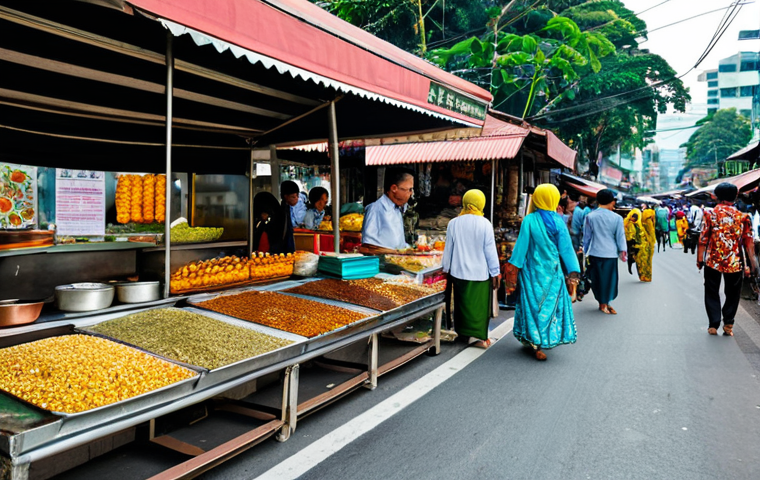 Bustling Kuala Lumpur Street Scene**

"A vibrant street scene in Kuala Lumpur, Malaysia during the day. Focus on the colorful architecture, people in modest and stylish Malaysian clothing (baju kurung, baju kebaya, batik shirts), street food vendors with their stalls. Ensure the scene feels lively and authentic. Safe for work, appropriate content, fully clothed, professional photography, perfect anatomy, natural proportions, high quality."

**