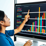 A professional data analyst, fully clothed in a modest baju kurung, analyzing a colorful data visualization (bar chart showing sales trends) on a large monitor in a bright, modern office in Kuala Lumpur. Safe for work, appropriate content, perfect anatomy, natural proportions, professional setting, well-formed hands, proper finger count.