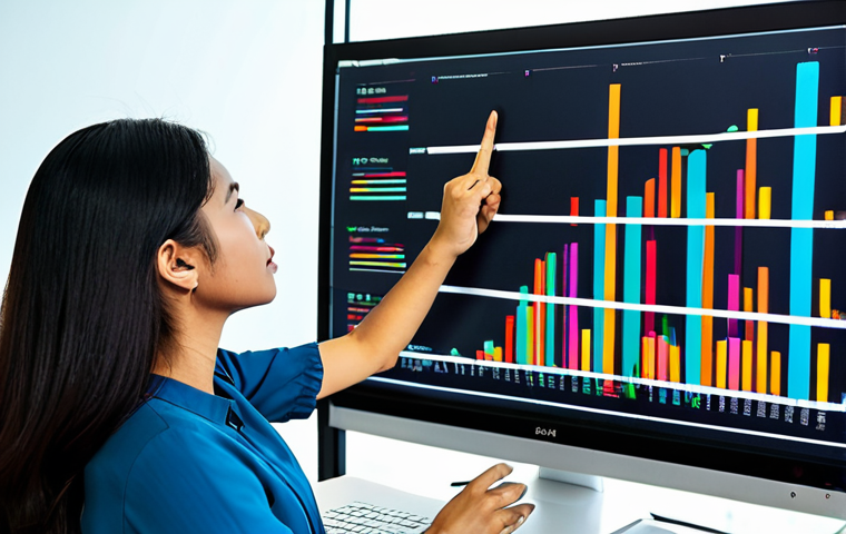 A professional data analyst, fully clothed in a modest baju kurung, analyzing a colorful data visualization (bar chart showing sales trends) on a large monitor in a bright, modern office in Kuala Lumpur. Safe for work, appropriate content, perfect anatomy, natural proportions, professional setting, well-formed hands, proper finger count.
